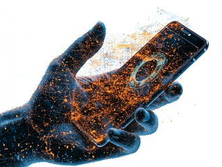 Hand holding a smartphone with digital particles.