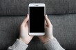 © typepng - Mockup image showing woman sitting on sofa holding mobile phone with blank desktop white screen