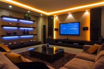 The living room of a modern home is illuminated by ambient smart home technology; from LED lighting behind the TV to a smart speaker on the side table to a thermostat mounted on the wall to IoT