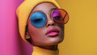 © Prompt World - Stylish woman in vibrant beanie and dual-tone sunglasses against colorful background
