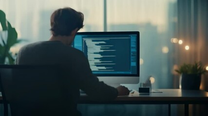 Aufkleber - Coder works late in an office, coding software with city lights shining through the window