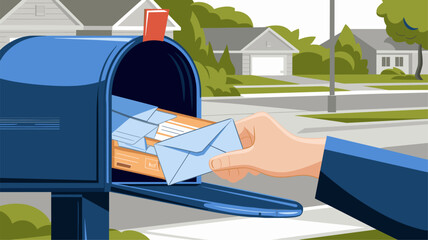 a mail carrier's hand depositing letters and envelopes into a mailbox.