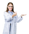 © Krakenimages.com - Middle age mature doctor woman wearing medical coat over isolated background Showing palm hand and doing ok gesture with thumbs up, smiling happy and cheerful