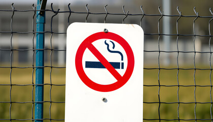 white and blue no smoking sign in front of a wire fence isolated with white highlights, png