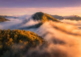 Wall Mural - aerial view of mountain peaks in low clouds at sunrise in autumn. top drone view of hills with red a