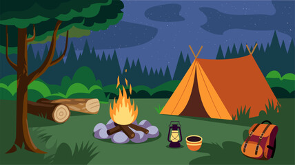 summer camp in forest with bonfire and tent at night. vector cartoon illustration of landscape with 