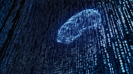 A car shape formed by binary code against a dark blue background.