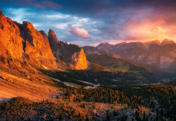 Wall Mural - mountains at beautiful golden sunset in autumn. dolomites, italy. colorful landscape with mountain p