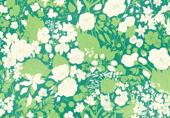 Green and white line drawing, repeating pattern of doodles 