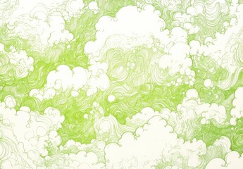 Green and white line drawing, repeating pattern of doodles 