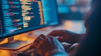 Programmer deeply focused on coding in a dimly lit room, creating software with a glow from the screen