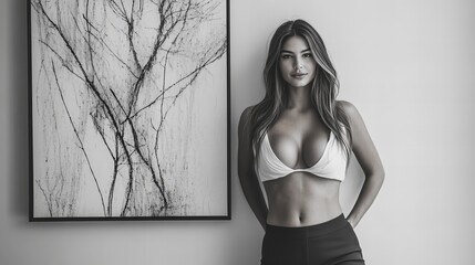 A young woman in a white sports bra and black shorts poses confidently in front of a black and white framed artwork.