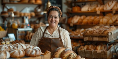 Female baker smiling in front of baked goods in a bakery shop.