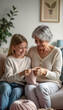 © Juan Mari - A heartwarming moment between a grandmother and granddaughter as they bond over knitting. Perfect for family-themed projects, crafting blogs, or advertisements promoting togetherness