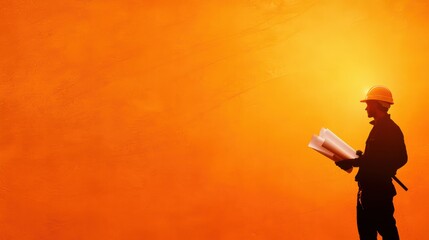 Silhouette of a construction worker with plans against a vibrant orange background, symbolizing planning and development.