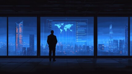 Silhouette of a businessman standing in front of a large window overlooking a futuristic cityscape with digital interface.