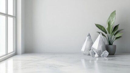 Wall Mural - office space featuring a sunlit marble surface and elegant crystal accents， showcases large windows and a white wall