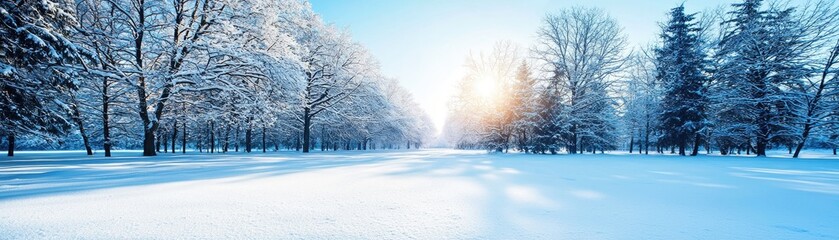 Christmas Background, Winter Wonderland, Winter landscape with snow-covered trees and a bright sun in a clear blue sky.