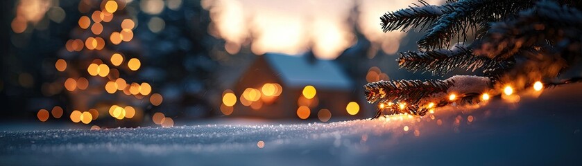 Christmas Background, Winter Wonderland, Winter scene with glowing lights and snow-covered trees at dusk.