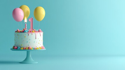 Delightful first birthday cake adorned with a number 1 candle and vibrant balloons, set against a blue background with ample copy space