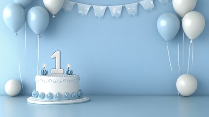 Delightful first birthday cake adorned with a number 1 candle and vibrant balloons, set against a blue background with ample copy space