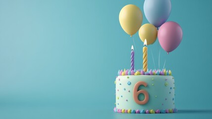  sixth birthday cake featuring a number 6 candle and colorful balloons, set against a blue background with ample copy space