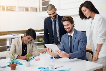 Poster - Business people, tablet and meeting for collaboration, feedback and communication with diversity. Teamwork, technology and proposal for change management, culture development and client acquisition