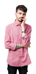 Sticker - Young handsome man wearing pink shirt over isolated background thinking looking tired and bored with depression problems with crossed arms.