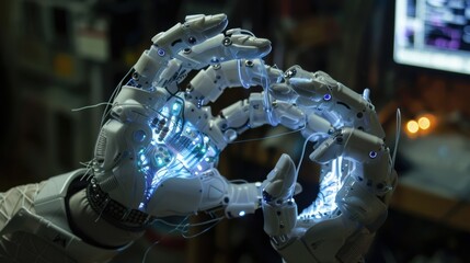 Futuristic robotic hands show holographic display with exposed wires