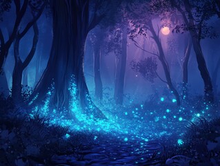 Wall Mural - Bioluminescent forest with glowing plants, mysterious creatures, and dark atmosphere