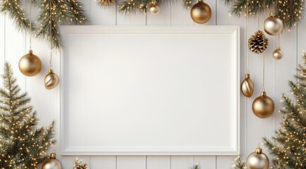Wall Mural - white blank mockup of an empty poster adorned with hanging christmas decorations, garland, and small