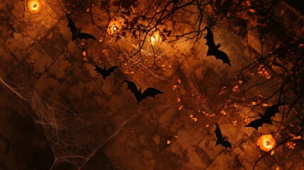 Sticker - Halloween bats flying over a glowing orange background