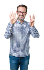 Wall Mural - Handsome middle age elegant senior business man wearing glasses over isolated background showing and pointing up with fingers number eight while smiling confident and happy.