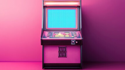 A vibrant, retro arcade machine featuring a bright blue screen set against a stylish pink background.