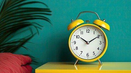 A vibrant yellow alarm clock sits on a bright yellow surface against a teal wall, with a backdrop of green leaves and a plush pink cushion.