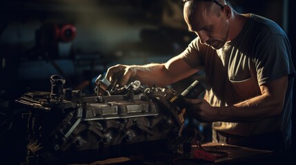 A mechanic working on an engine of the car in his garage