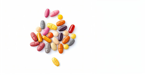 Wall Mural - Multicolored capsules and pills on white background. Banner template of biological supplements, vitamin and medicines for health, beauty of skin and hair.Close-up for backdrop, wallpaper copyspace.