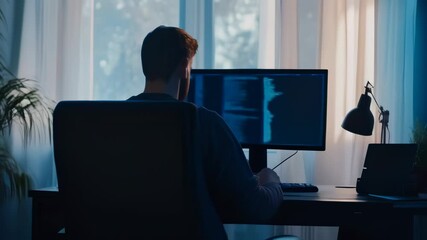 Aufkleber - Programmer is working on a new project while sitting at his desk in his home office, illuminated by the warm light of a desk lamp