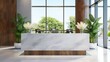 © practice  - A front desk with white top and wood wall paneling in an office space, the back of one green living plant