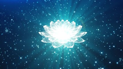 Wall Mural - a glowing white lotus flower with rays of light emanating from it, surrounded by sparkling blue part