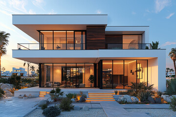 Poster - a minimalist home exterior with clean lines, natural materials, and a simple color palette, reflecti