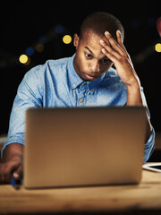 Poster - Black man, laptop and worry at night in office, article deadline and reporter burnout with column. Male person, 404 error and website glitch for research fail, frustrated and pressure on journalist