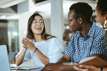 Poster - Talking, excited or business people on laptop in startup for review, feedback or brainstorming. Conversation, creative or happy woman speaking in discussion for meeting, planning or growth projection