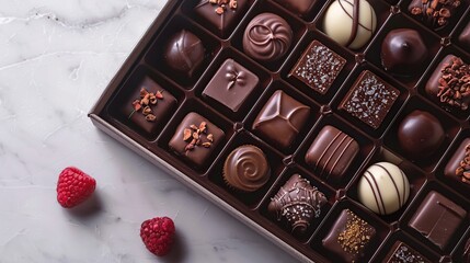 Wall Mural - An assortment of gourmet chocolates in a box with raspberries on a marble background.