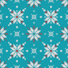 Traditional nordic star knit mosaic teal Raster Pattern. Retro knitting texture in blue teal, white, red seamless pattern.