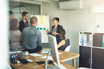 Poster - Business people, whiteboard and presentation in office on web development, update plan and project. Staff, collaboration and ideas for programming in meeting, workshop and solution for coding cpu