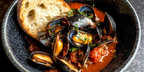 Poster - A delicious seafood dish featuring mussels in a rich tomato sauce served with crusty bread. Perfect for food enthusiasts and culinary experts. A delightful experience. AI