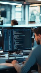 Software developer is working late, writing code on his computer in the office. The office is modern and has a lot of natural light