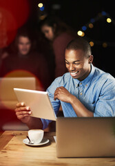 Fototapete - Coffee shop, happy and businessman on tablet at night for website, research and online project. Corporate, working late and person on digital tech and laptop for planning, internet and proposal