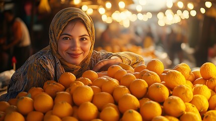 A cheerful woman wearing a headscarf smiles warmly at the camera while leaning on a pile of fresh oranges at an outdoor market